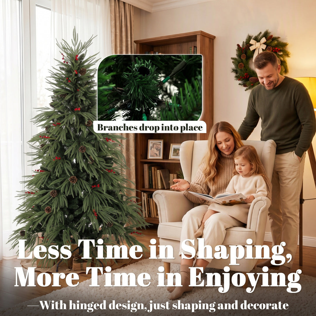 6ft Artificial Christmas Tree with Pinecones, Red Berries, Hinged - view 6