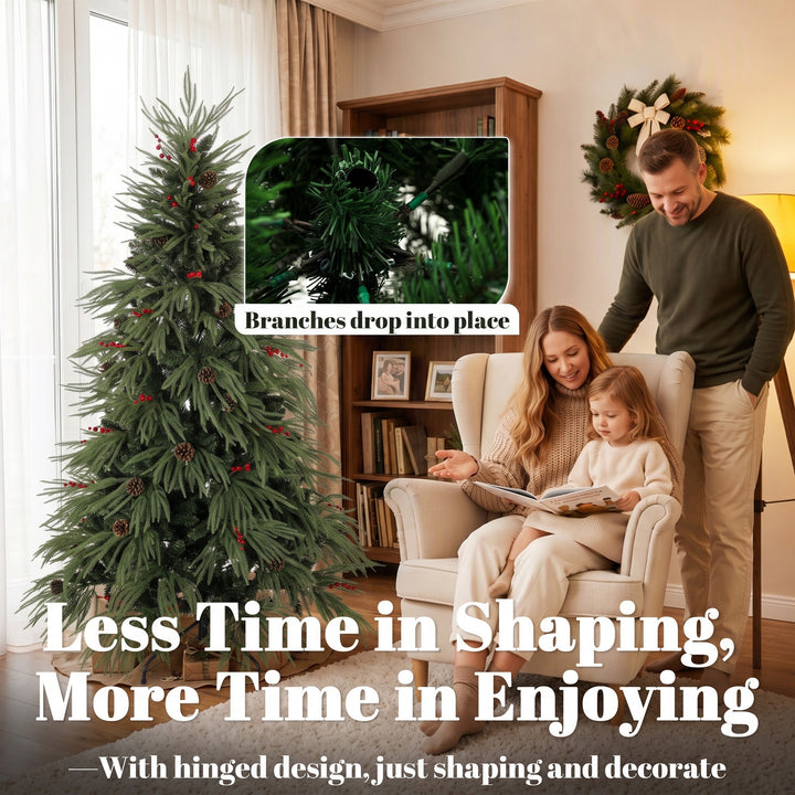 6ft Artificial Christmas Tree with Pinecones, Red Berries, Hinged - view 6