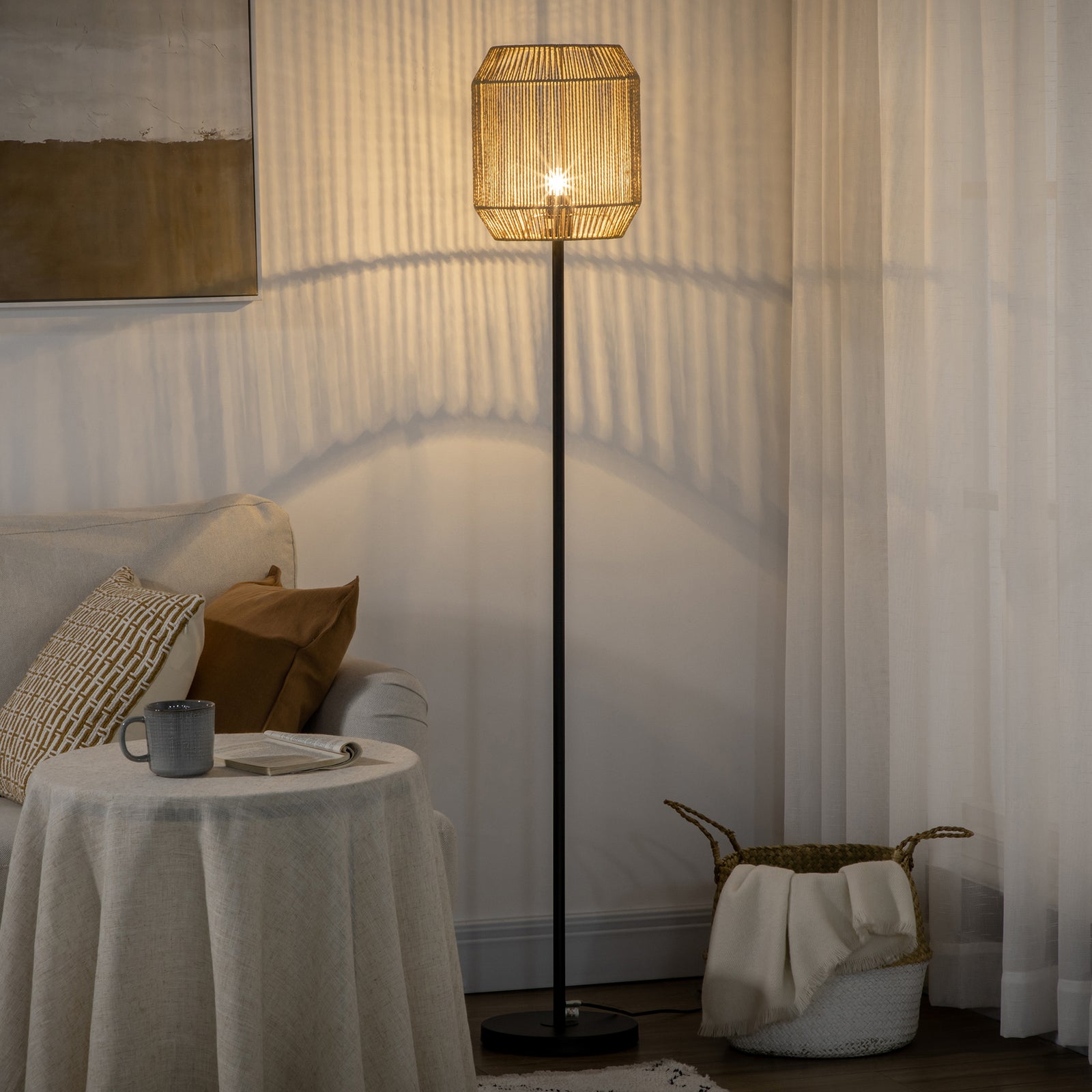 Farmhouse Standing Lamp, Floor Lamps with Hand Woven Rattan Lampshade for Living Room