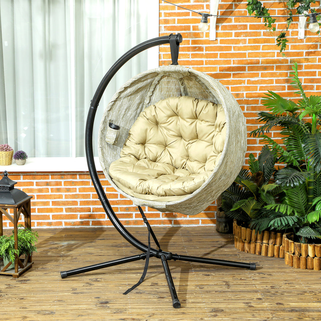 Hanging Egg Chair Outdoor Indoor Garden Swing Chair with Folding Basket, Garden Hanging Chair with Stand, Thickened Cushion, Cup Holder for Patio, Balcony, Khaki