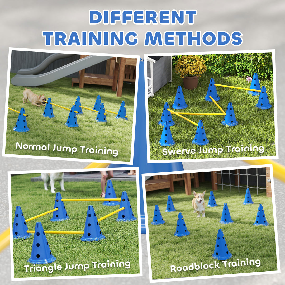 Dog Agility Equipment Set of Eight Cones, Eight Poles w/ Carry Bag, Four-Piece Adjustable Height Jumping Obstacles Blue