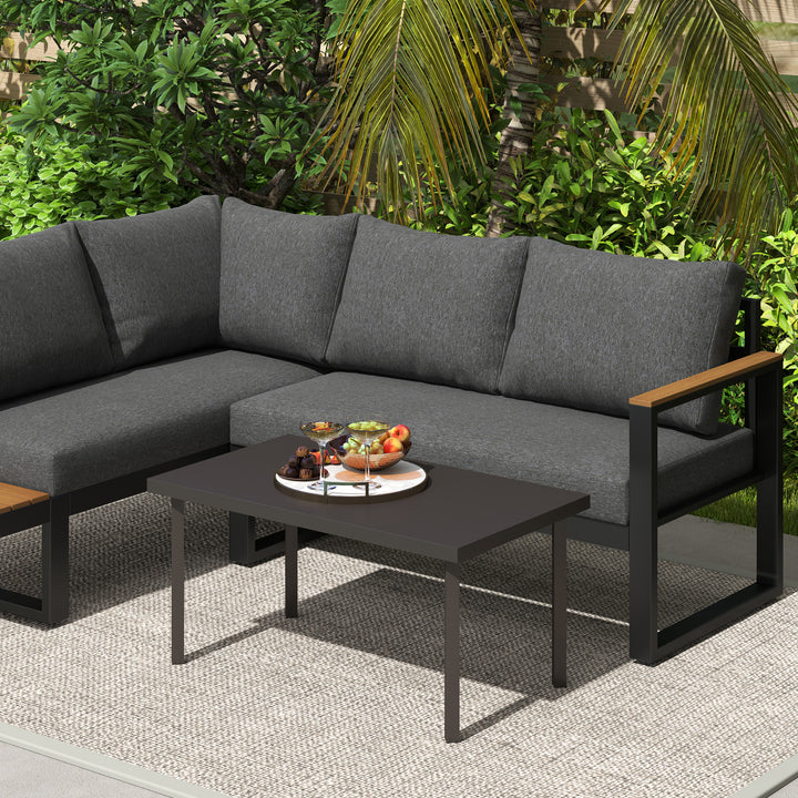 Metal Garden Coffee Table, Rectangular Outdoor Side Table with Woodgrain Tabletop, Foot Pads for Outside, Garden, Balcony, Porch, 95 x 55 x 46cm, Brown