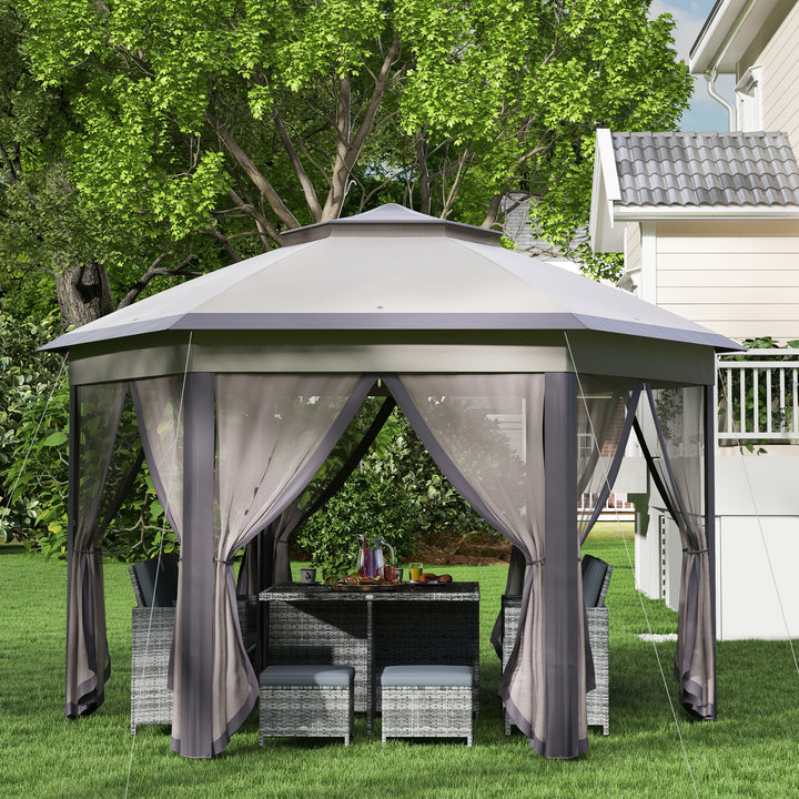 3 x 4m Garden Gazebo Hexagon Pop Up Gazebo Party Tent Canopy Double Roof Instant Shelter with Netting and Carry Bag for Outdoor Patio, Beige