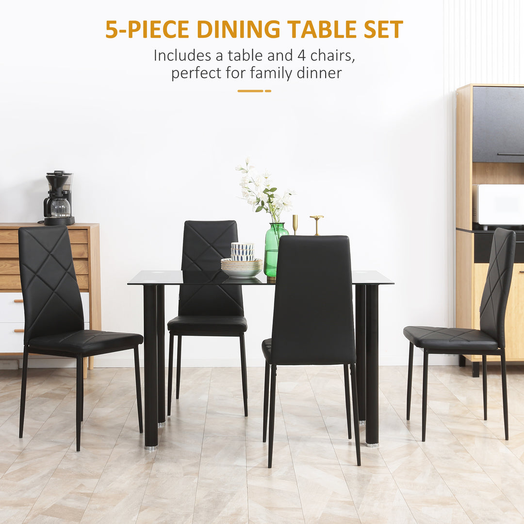 HOMCOM Dining Table and Chairs Set, 4 Seater Modern Dining Set with Glass Tabletop Foam Pads, and Steel Frame, Black | Aosom UK