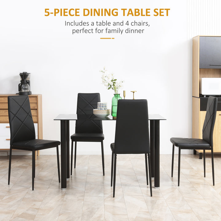 HOMCOM Dining Table and Chairs Set, 4 Seater Modern Dining Set with Glass Tabletop Foam Pads, and Steel Frame, Black | Aosom UK