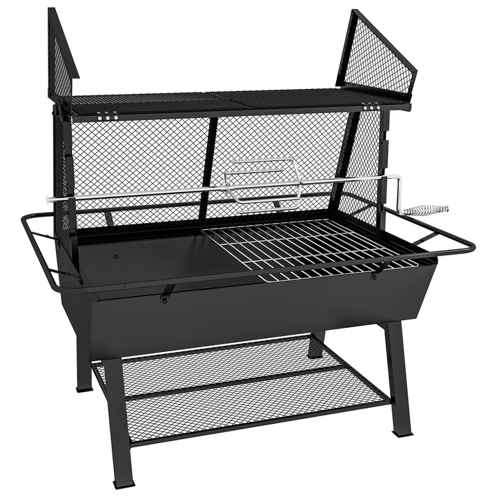 Outsunny 3-in-1 Charcoal Barbecue Grill, Rotisserie Roaster, Fire Pit with Storage Shelf and Mesh Lid