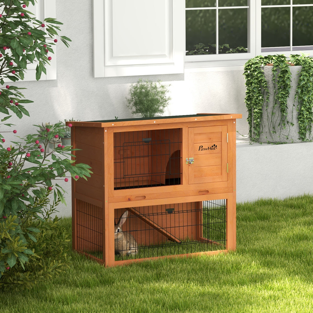 PawHut Two-Tier Antiseptic Wood Rabbit Hutch, 80cm Guinea Pig Hutch with Run - Orange | Aosom UK