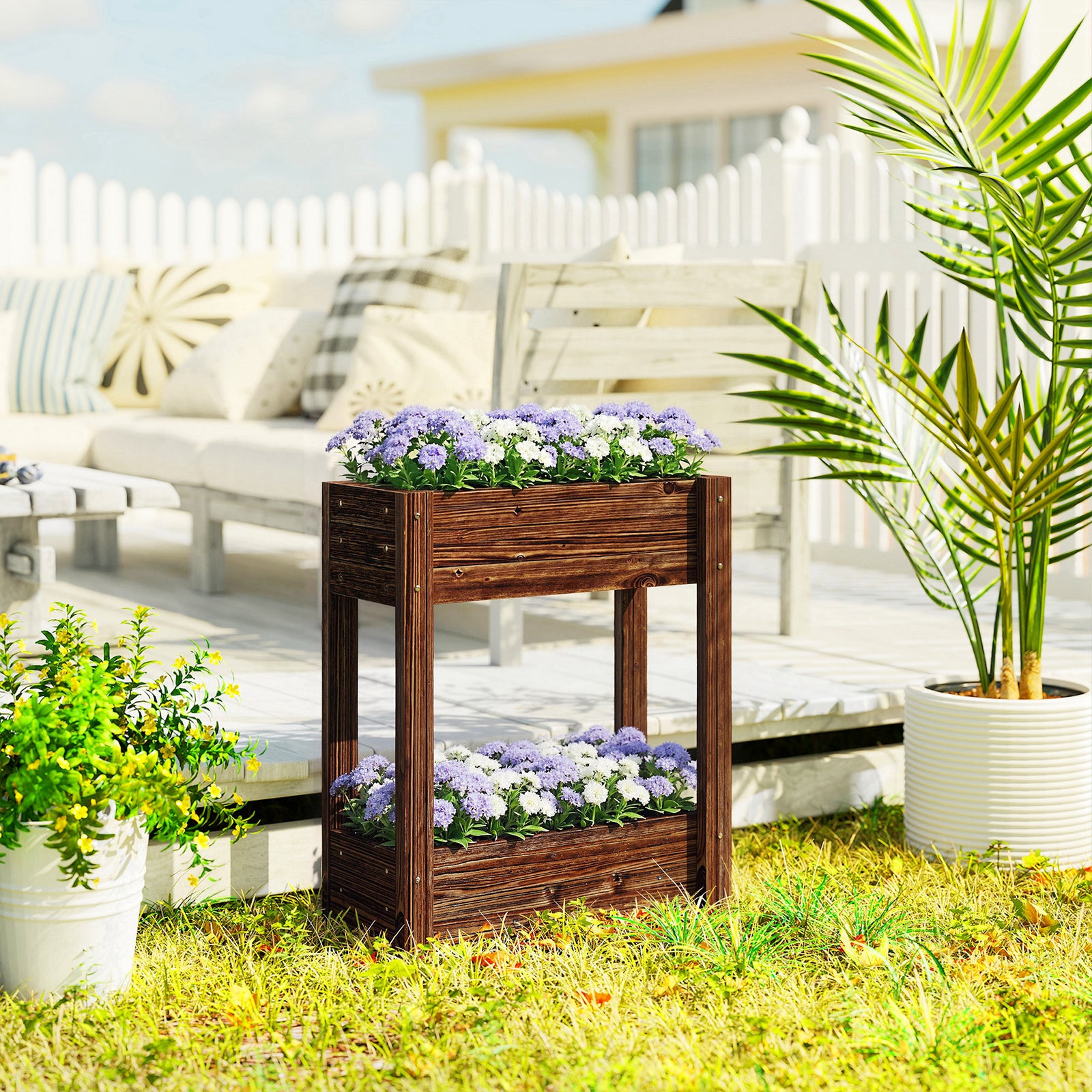 2-Tier Wooden Raised Planter, Raised Garden Bed on Legs with Drainage 