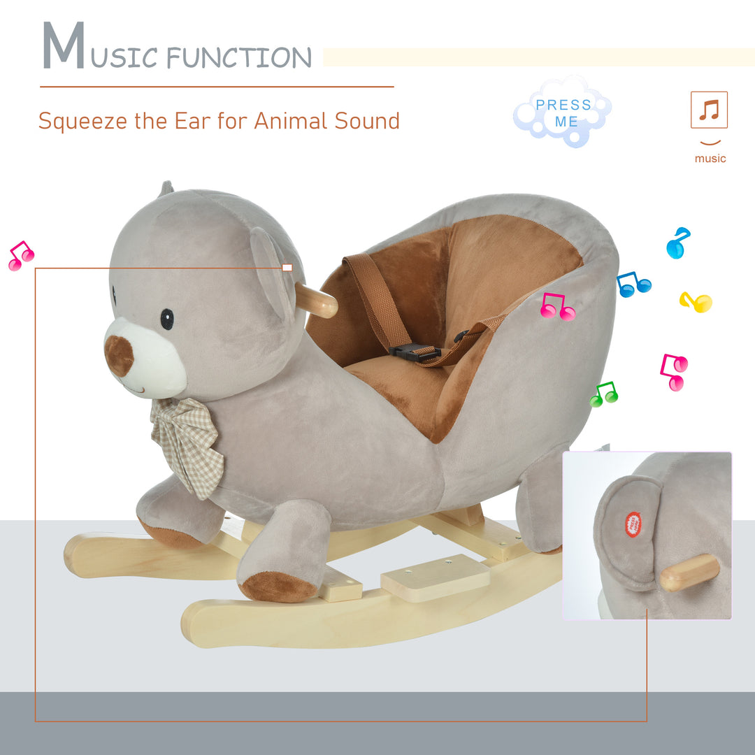 Kids Children Rocking Horse Plush Ride On Bear Seat w/ Sound Wood Base Seat Safety Belt Toddler Baby Toy for 18-36 Months Grey