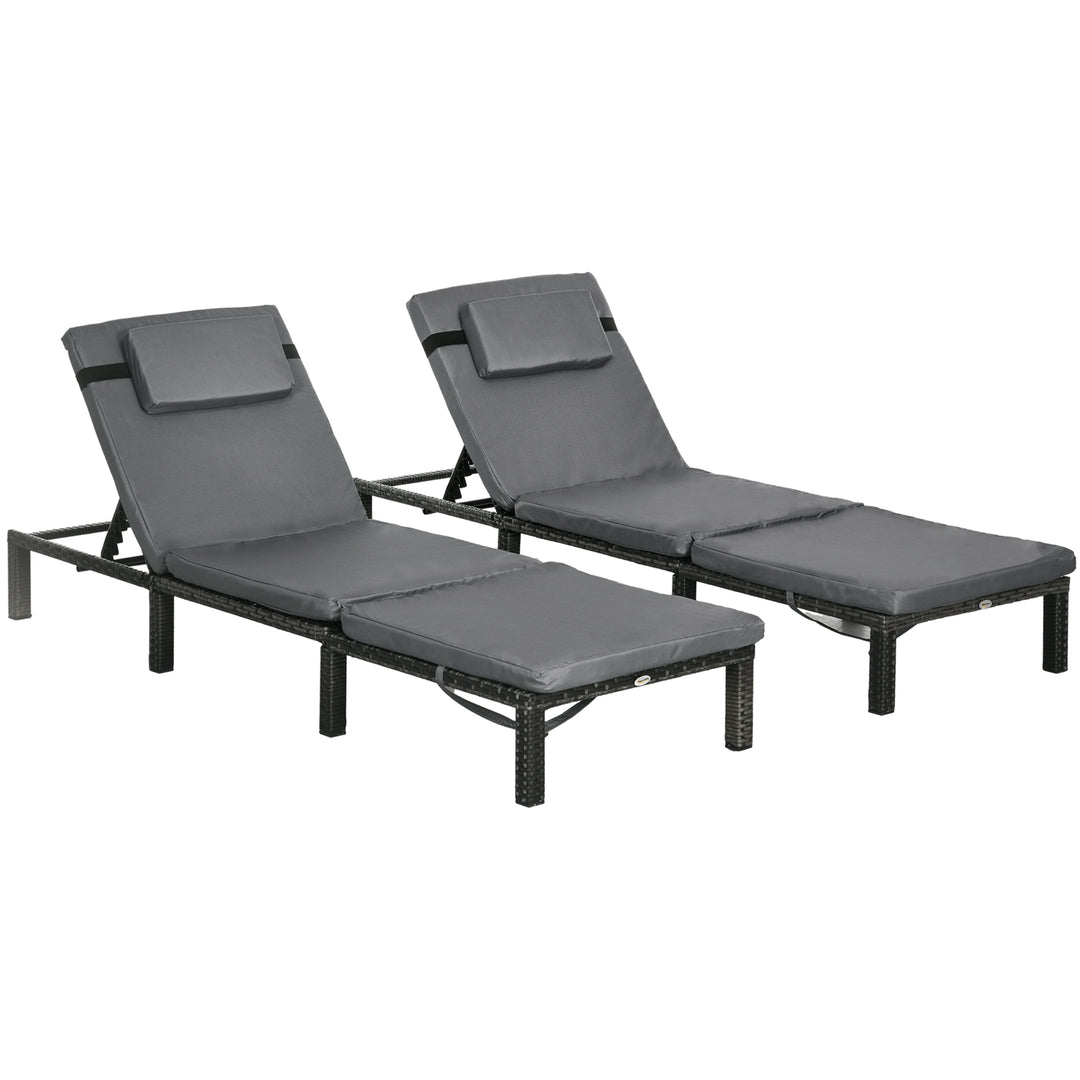Set of Two Reclining Rattan Sun Loungers, with Cushions - Grey