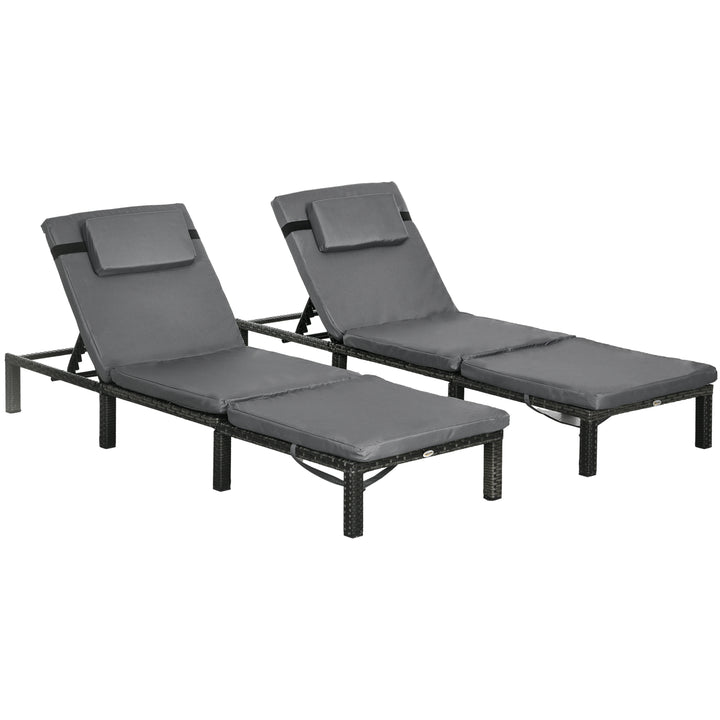 Set of Two Reclining Rattan Sun Loungers, with Cushions - Grey
