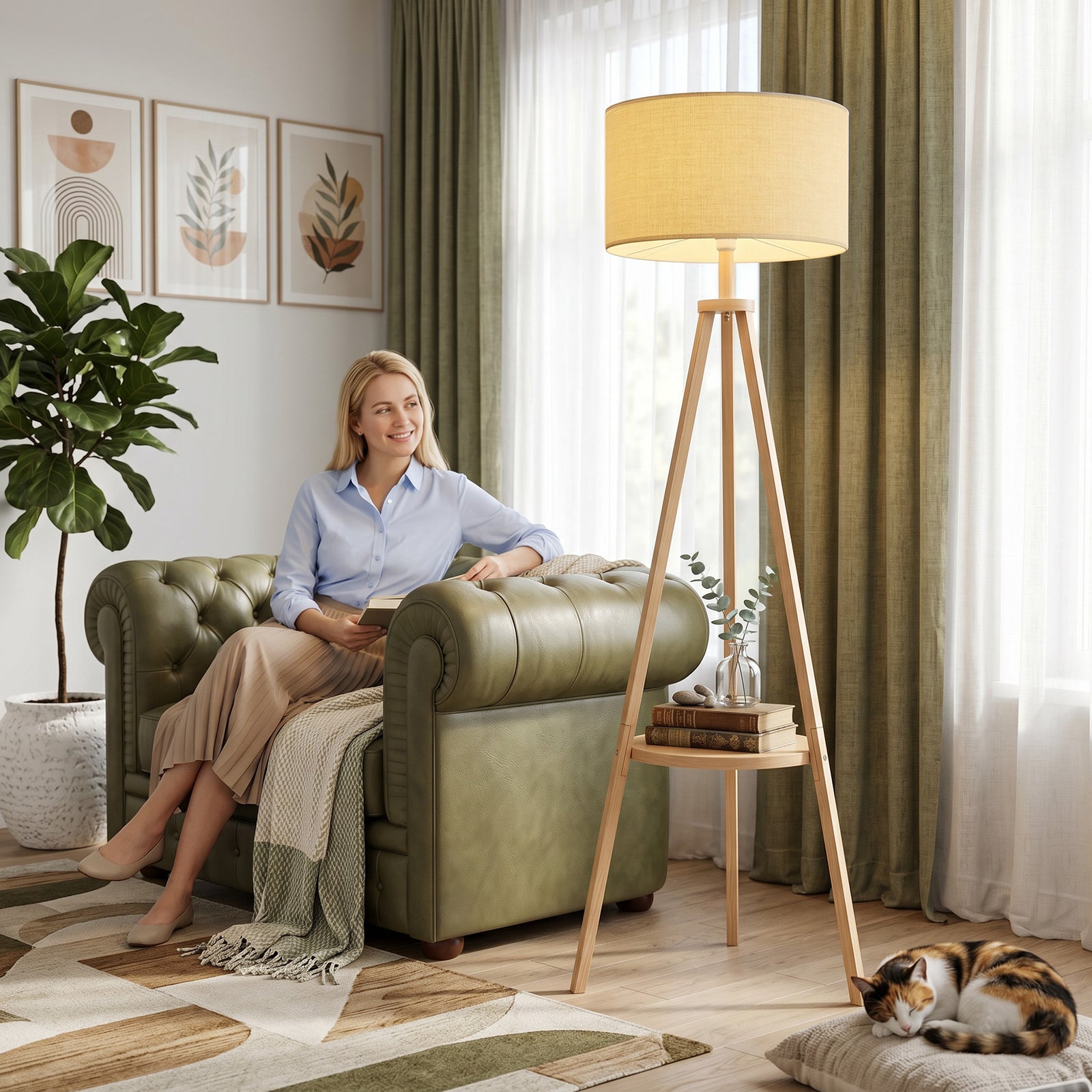 Bedside Light, Tripod Floor Lamp with Storage Shelf and Linen Shade fo