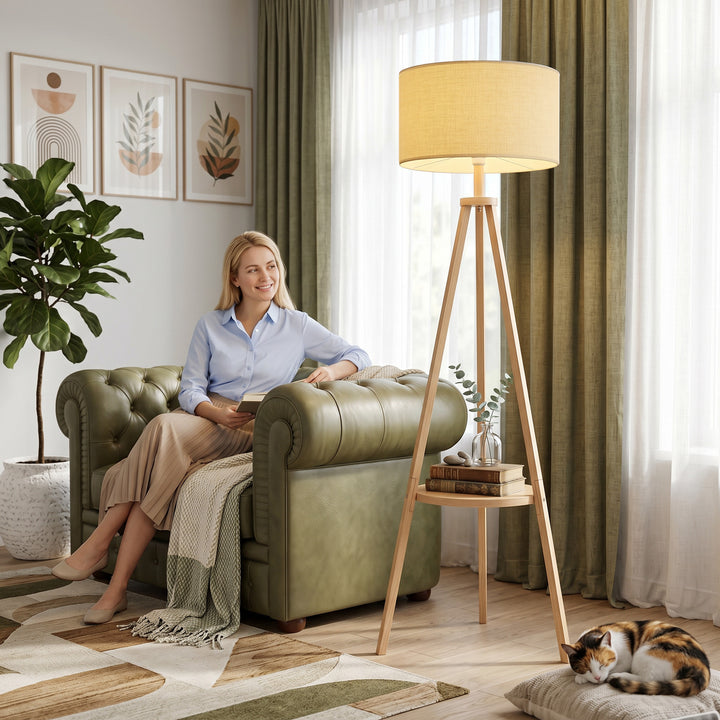 Bedside Light, Tripod Floor Lamp with Storage Shelf and Linen Shade fo