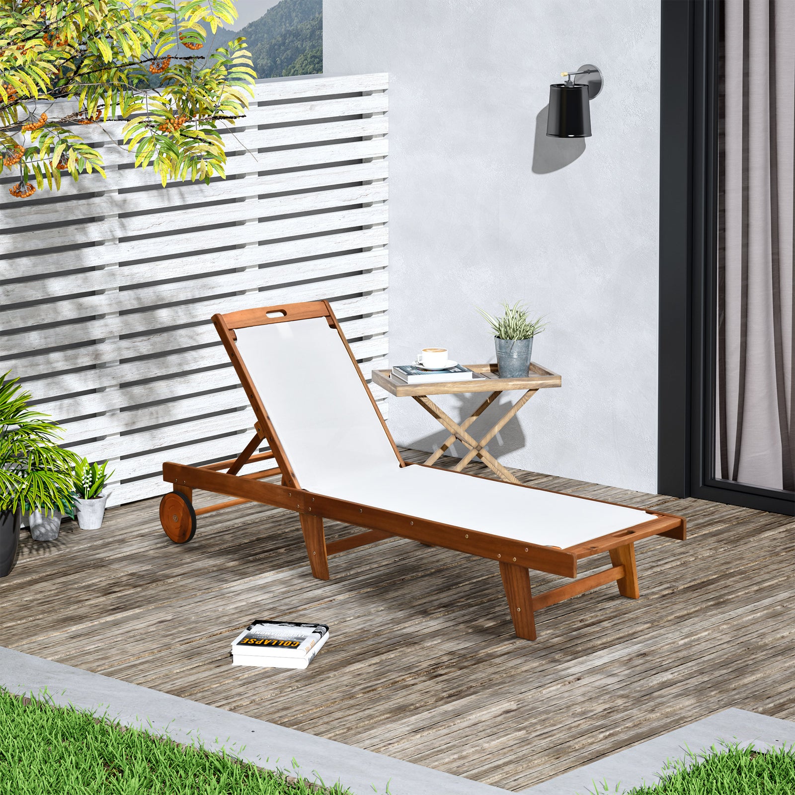 Outdoor Acacia Wood Texteline Beach Sun Lounger Garden Patio Sunbed Recliner Chaise Adjustable Backrest with Wheels