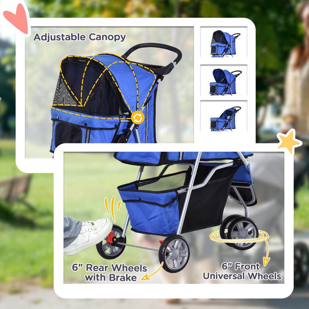 PawHut Dog Pram Cat Stroller Dog Stroller with Cup Holder, Bottom Storage Pocket & Zipper to Keep Your Pet Securely Strapped in, Blue | Aosom UK