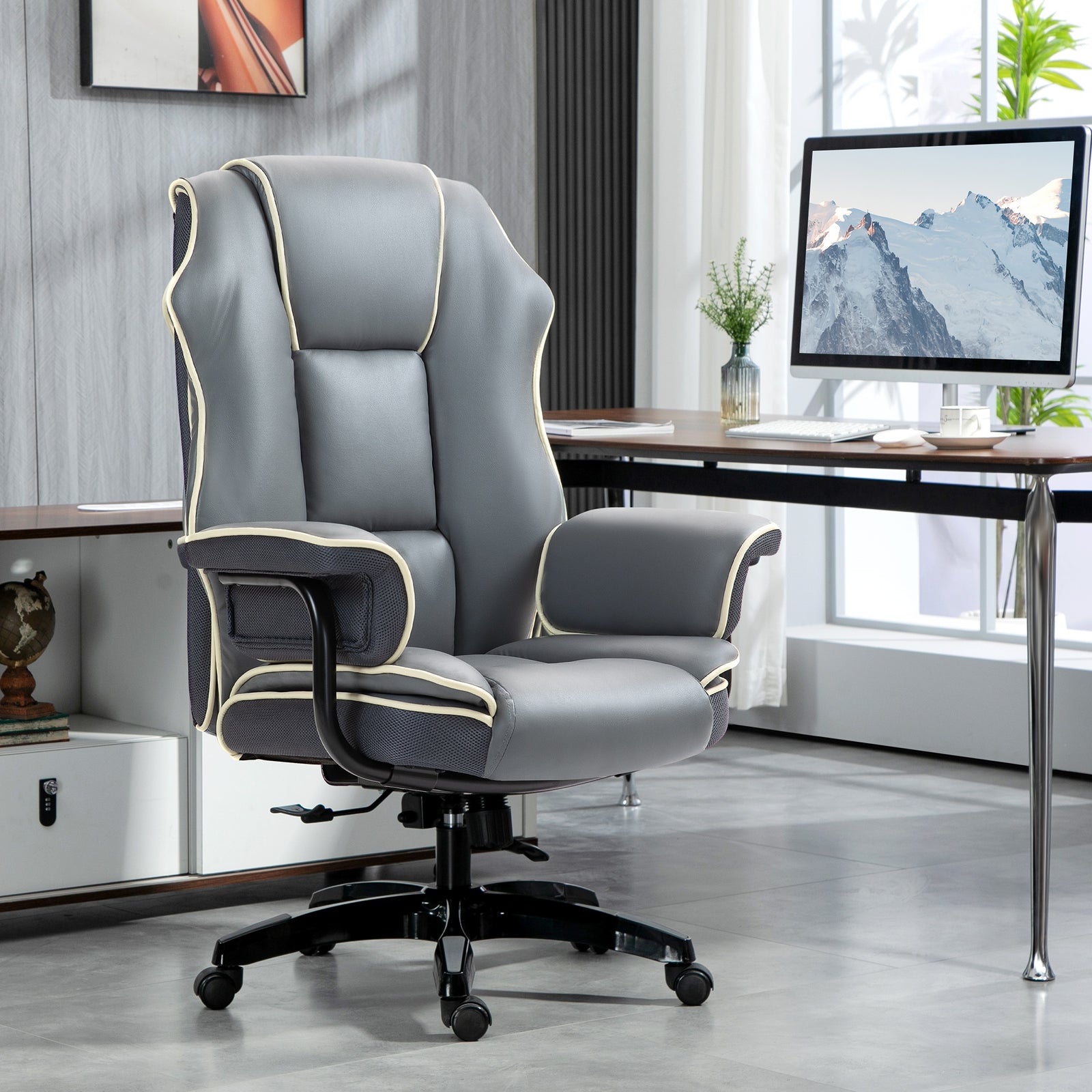Faux Leather Executive Office Chair, with Contrast Piping - Grey/White