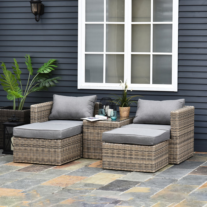 MCL 5 Piece Rattan Garden Furniture Set w/ 10cm Thick Cushions, Aluminium Frame Wicker Outdoor Balcony Sofa Set with Corner Armchairs, Ottomans, and Glass Top Table, Mixed Brown