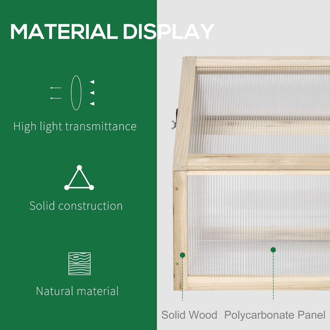 Wooden Cold Frame Garden Polycarbonate Greenhouse with Openable Top Cover, Grow House for Flowers, Vegetables, Plants, 90 x 52 x 50cm, Natural