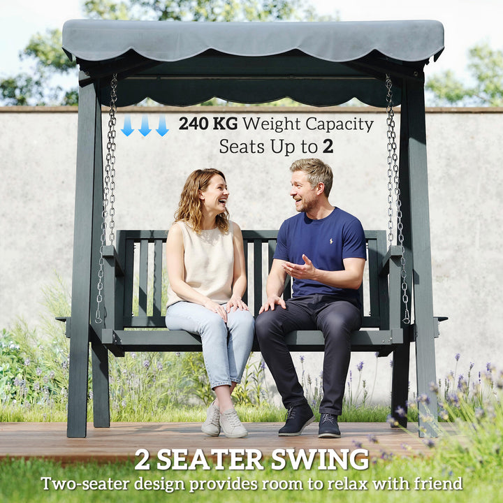 2 Seater Garden Swing Seat with Canopy, Wooden Swing Chair, Outdoor Ha