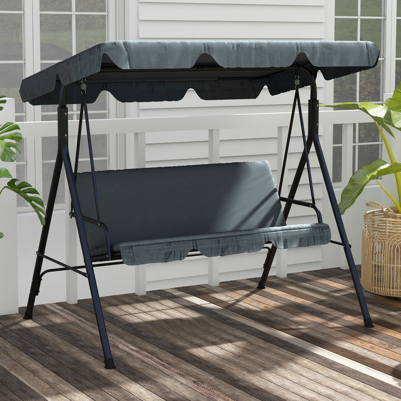 3 Seater Garden Swing Chair, Outdoor Swing Chair with Adjustable Canopy, Mental Frame & Cushions, Grey