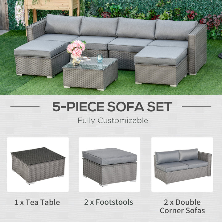 5 PCs PE Rattan Wicker Corner Sofa Set Bonzer Outdoor Conservatory Furniture Lawn Patio Tea Table Footstool w/ Cushion - Grey