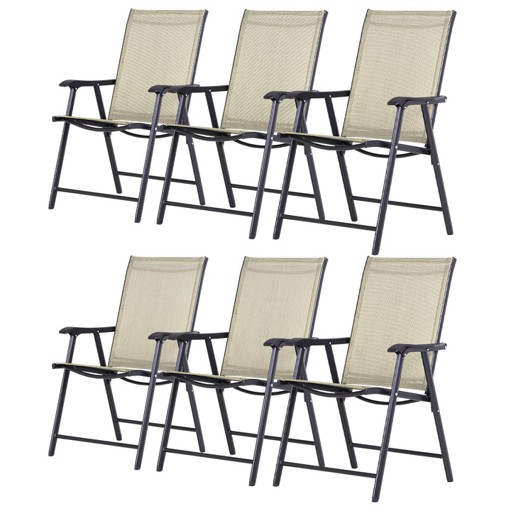 Outsunny Set of 6 Folding Garden Chairs, Metal Frame with Breathable Mesh Seat, Outdoor Patio Dining Chair, Beige | Aosom UK