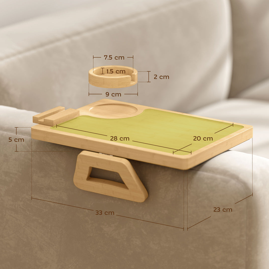 Anti-Slip Sofa Armrest Tray, Bamboo Sofa Arm Tray with 360° Phone Hold