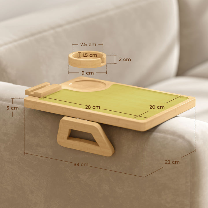 Anti-Slip Sofa Armrest Tray, Bamboo Sofa Arm Tray with 360° Phone Hold