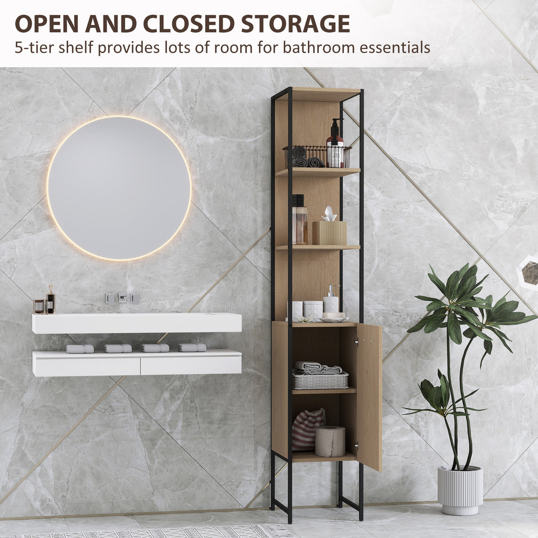 Tall Bathroom Cabinet with Open Shelves and Adjustable Shelf - Natural Wood Finish