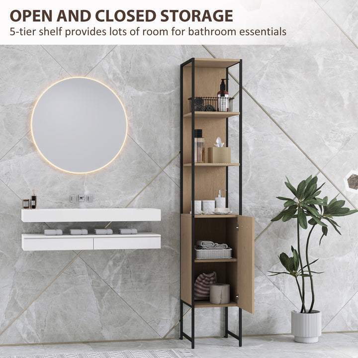 Tall Bathroom Cabinet with Open Shelves and Adjustable Shelf - Natural Wood Finish