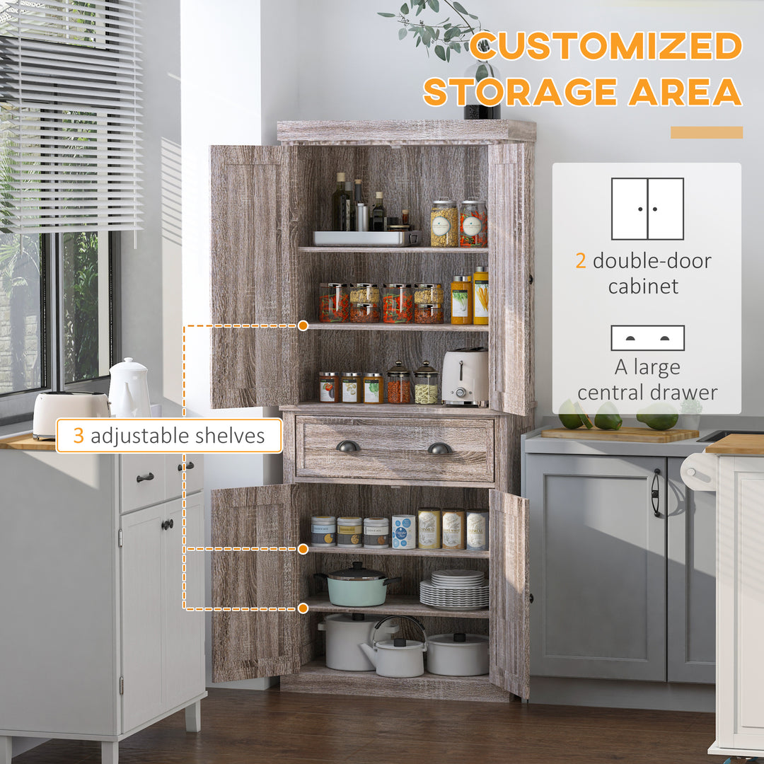 Freestanding Kitchen Cupboard, 184cm Tall Storage Cabinet with Doors and Shelves, Traditional Colonial 4-Door Kitchen Pantry Cupboard with Drawer, Dark Wood Grain