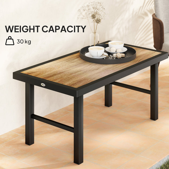 Metal Garden Coffee Table, Outdoor Side Table with SPC Woodgrain Tabletop for Outside, Garden, Balcony, Porch, 100 x 53 x 46cm, Brown Wood Effect