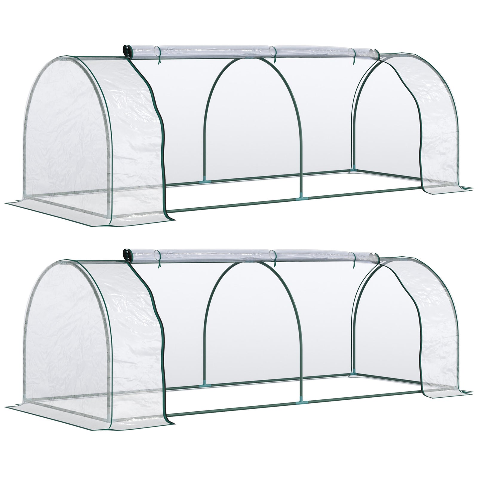 Set of 2 Tunnel Greenhouse, Green Grow House with Roll-up Door, Steel Frame, Plastic Cover for Garden, Outdoor, 250 x 100 x 80cm, Clear