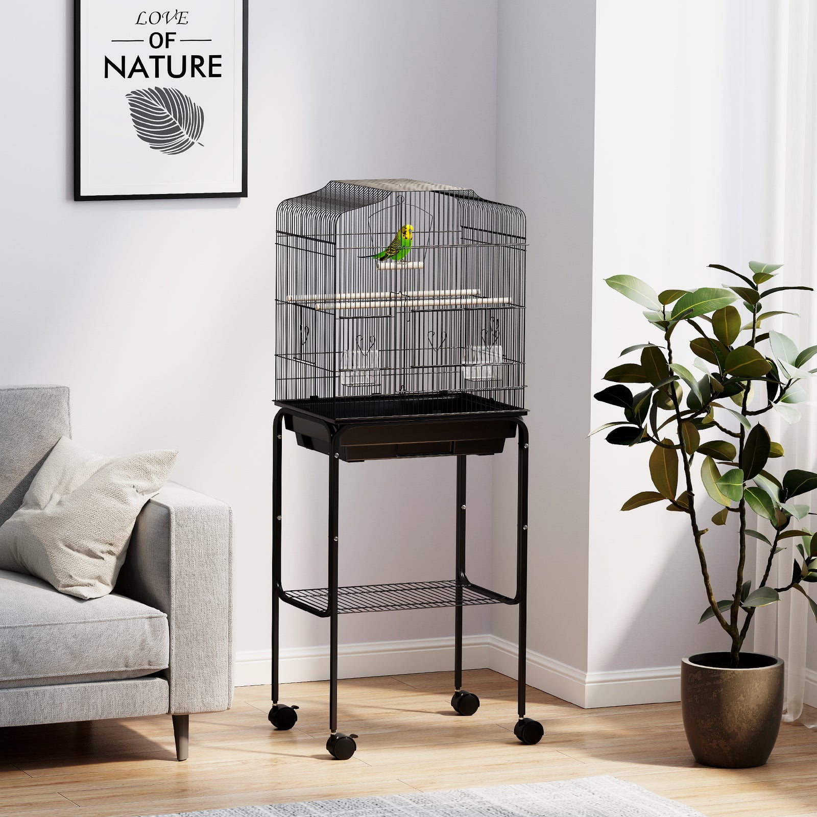 Bird Cage Budgie Cages for Finch Canary Parakeet with Stand Wheels Slide-out Tray Accessories Storage Shelf, Black