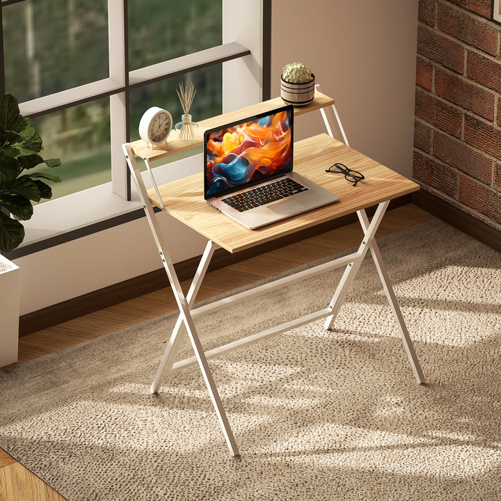 81.5 cm Folding Computer Desk with Monitor Shelf - Natural Wood Finish