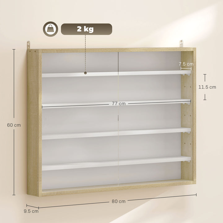 5-Tier Wall Display Shelf Unit Cabinet w/ 4 Adjustable Shelves Glass Doors Home Office Ornaments 60x80cm Natural