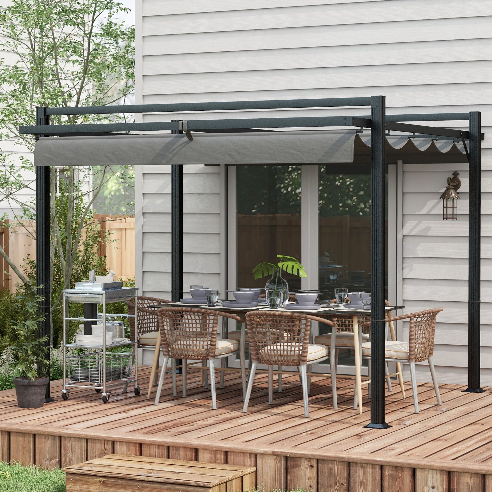 3 x 3(m) Retractable Pergola, Garden Gazebo Shelter with Aluminium Frame, for Grill, Patio, Deck, Dark Grey