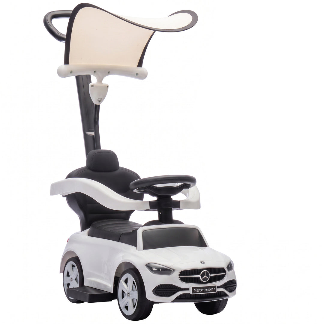 4 in 1 Licensed Benz Ride on Push Car with Handle, Canopy - White
