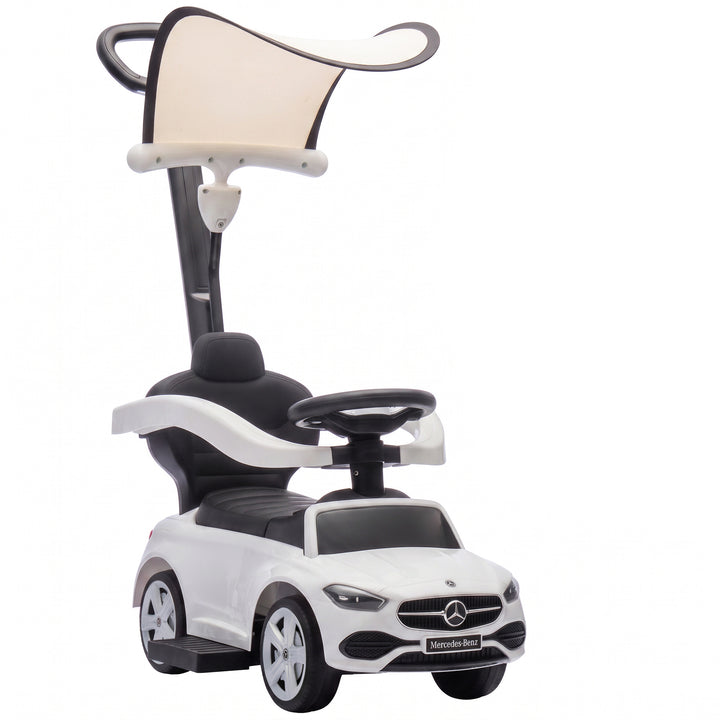 4 in 1 Licensed Benz Ride on Push Car with Handle, Canopy - White