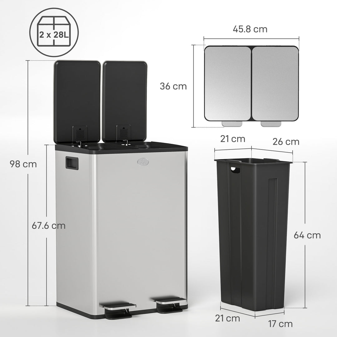 56L Dual Compartment Stainless Steel Bin, with Deodoriser Holders - Si