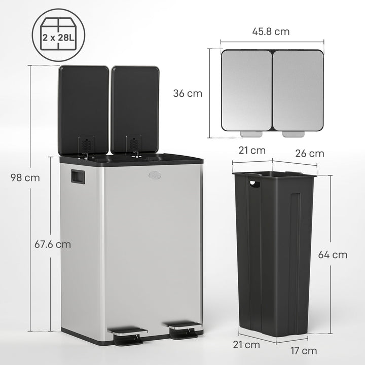 56L Dual Compartment Stainless Steel Bin, with Deodoriser Holders - Si