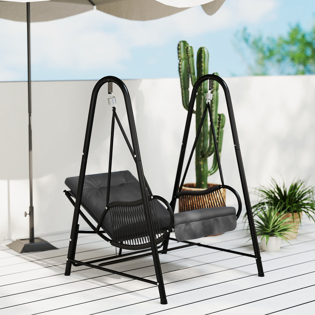 Rattan Swing Chair, Outdoor Garden Hanging Swing Seat with Stand and Seat Cushion, Porch Hanging Chair for Balcony, Garden, Deck, Dark Grey