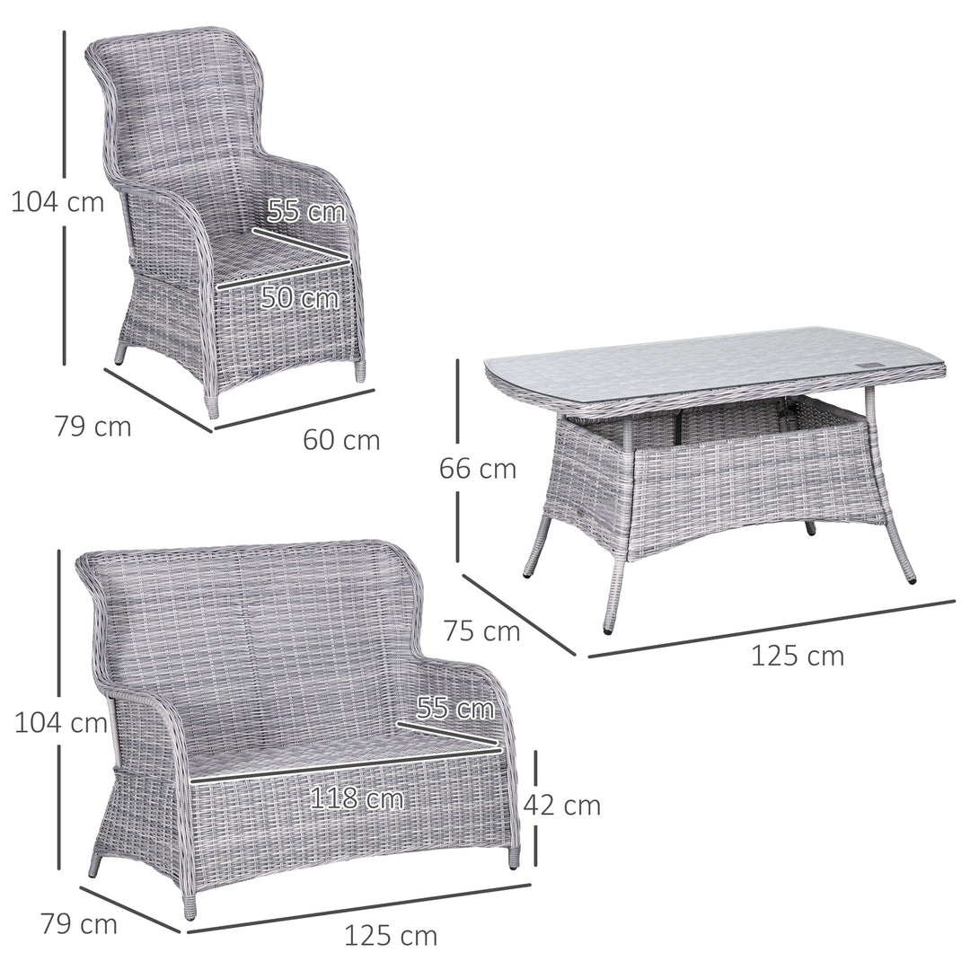 Garden PE Rattan Dining Sofa Set, Outdoor 4 Seater Wicker Furniture, High Back Chairs with Cushions, Tempered Glass Coffee Table for Patio, Mixed Grey