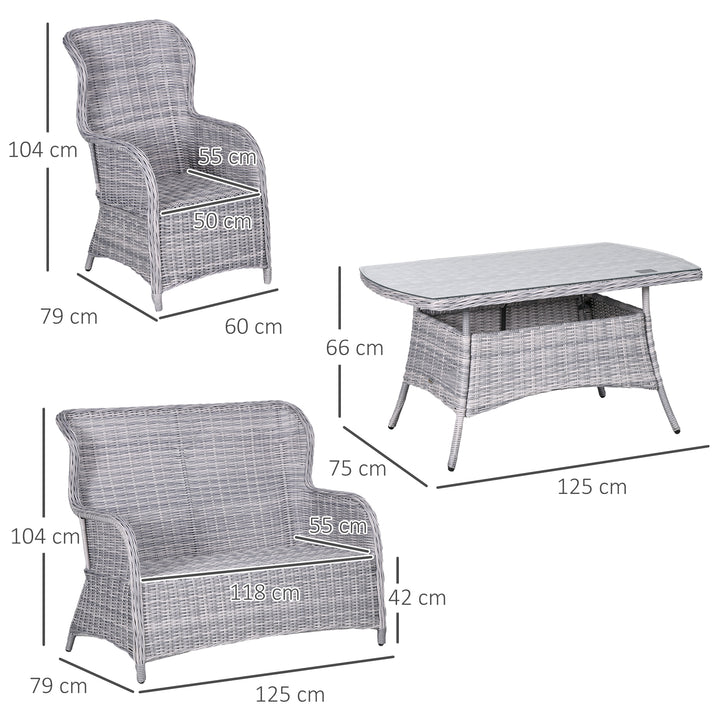 Garden PE Rattan Dining Sofa Set, Outdoor 4 Seater Wicker Furniture, High Back Chairs with Cushions, Tempered Glass Coffee Table for Patio, Mixed Grey