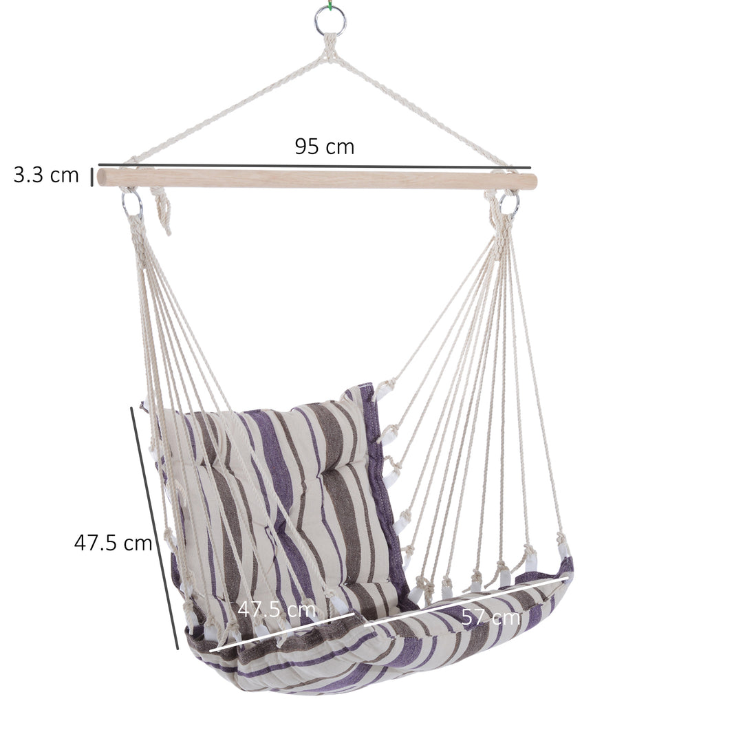 Outdoor Hanging Rope Chair with Soft Padded Seat & Backrest, Garden Hammock Chair with Wooden Support Bar Cotton Cloth, Portable Garden Chair for Patio & Tree, Brown