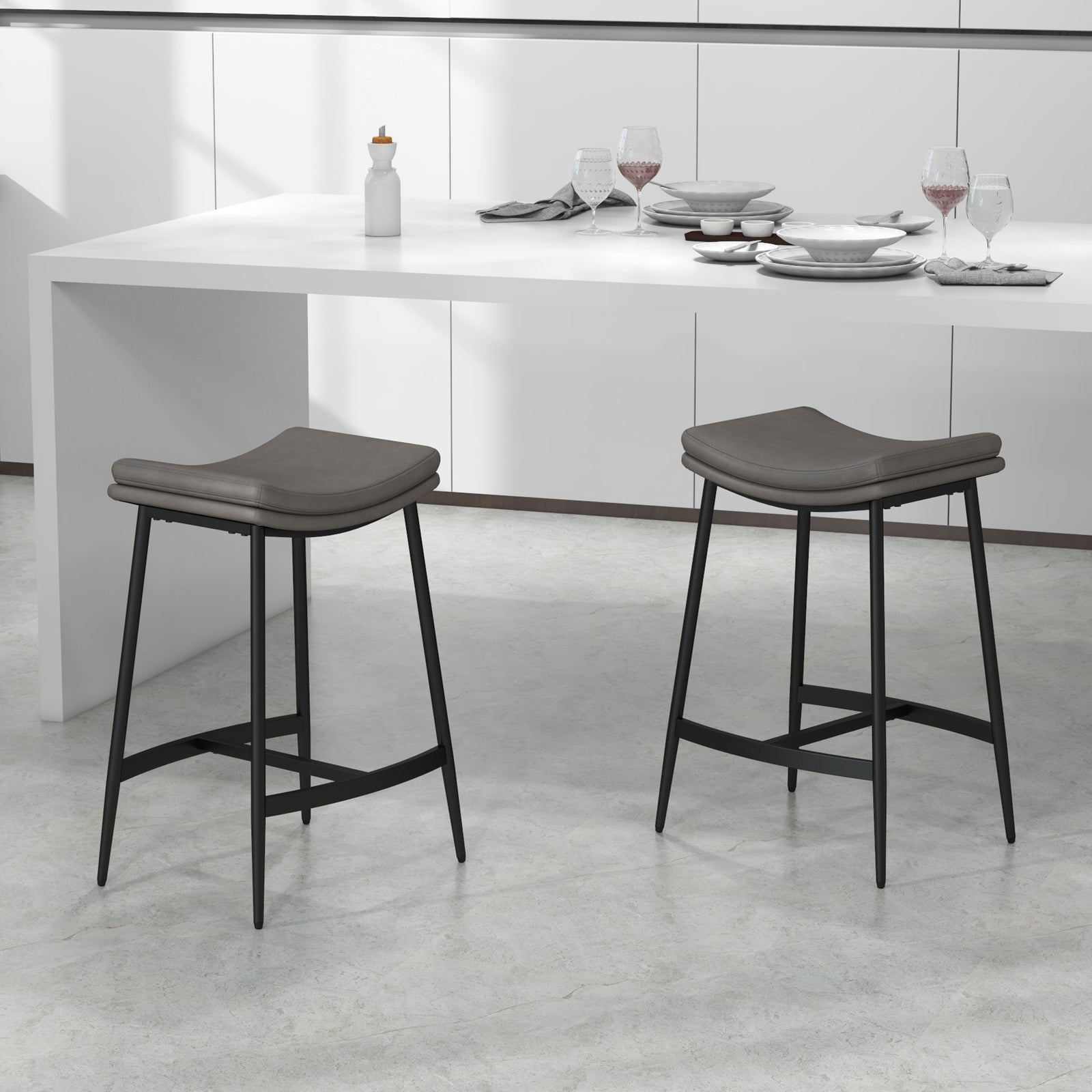 Breakfast Bar Stools Set of 2, Microfibre Upholstered Barstools, Industrial Bar Chairs with Curved Seat and Steel Frame for Dining Room, Kitchen, Grey