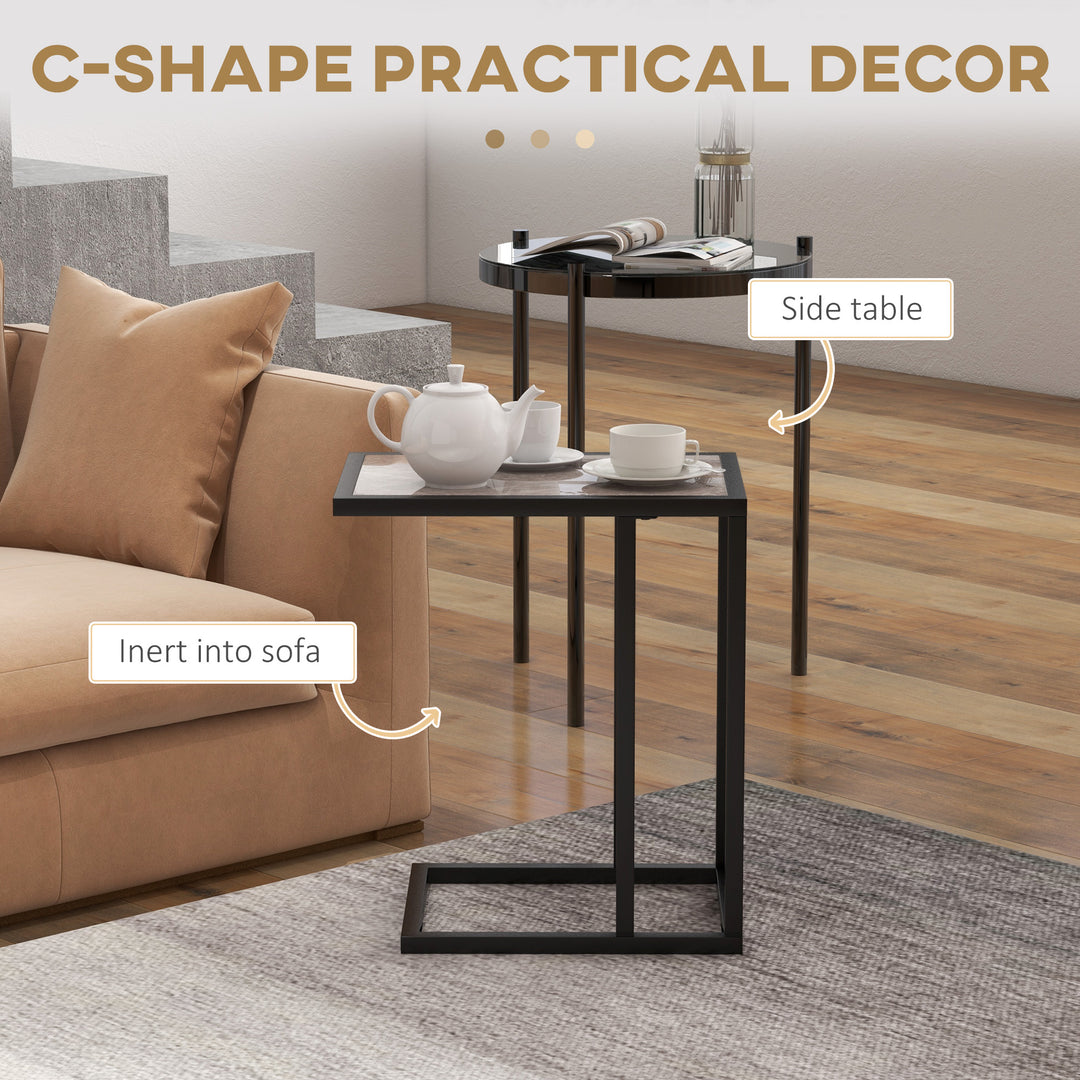 HOMCOM C Shape Bedside Table w/Metal Frame Marble-Effect Top Sofa Narrow Snack End Table for Living Room, Grey