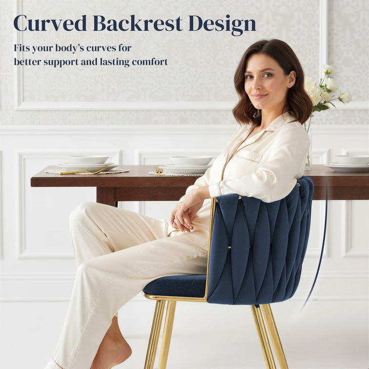Velvet-Feel Dining Chairs Set of 2, Modern Upholstered Kitchen Chairs with Woven Backrest and Armrests, Metal Legs and Padded Seat for Dining Room, Bedroom, Living Room