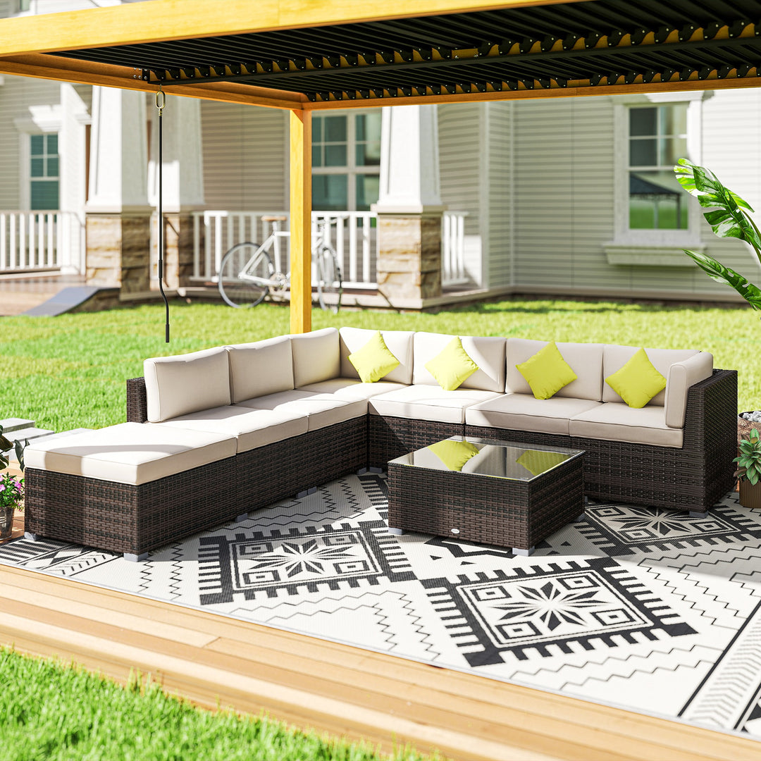 Outsunny 8 Pieces PE Rattan Corner Sofa Set with Thick Cushions, Aluminium Outdoor Rattan Garden Furniture Set with Glass Top Table, No Assembly Required, Mixed Brown