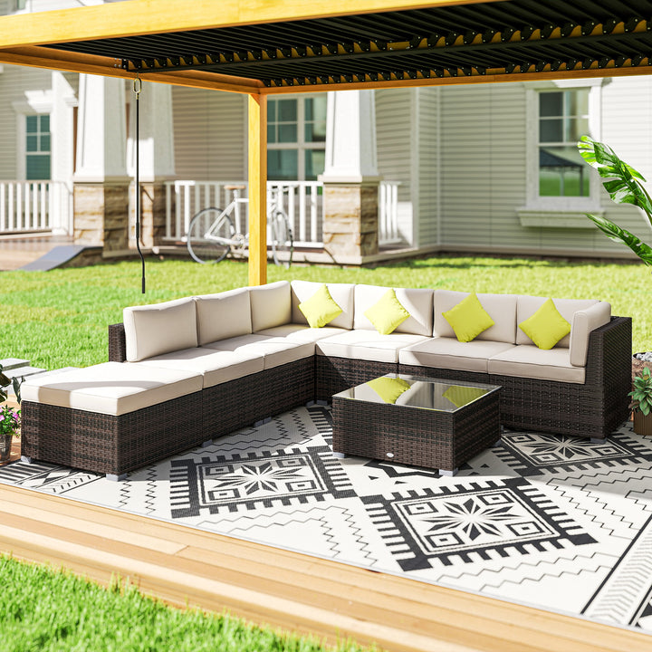 Outsunny 8 Pieces PE Rattan Corner Sofa Set with Thick Cushions, Aluminium Outdoor Rattan Garden Furniture Set with Glass Top Table, No Assembly Required, Mixed Brown